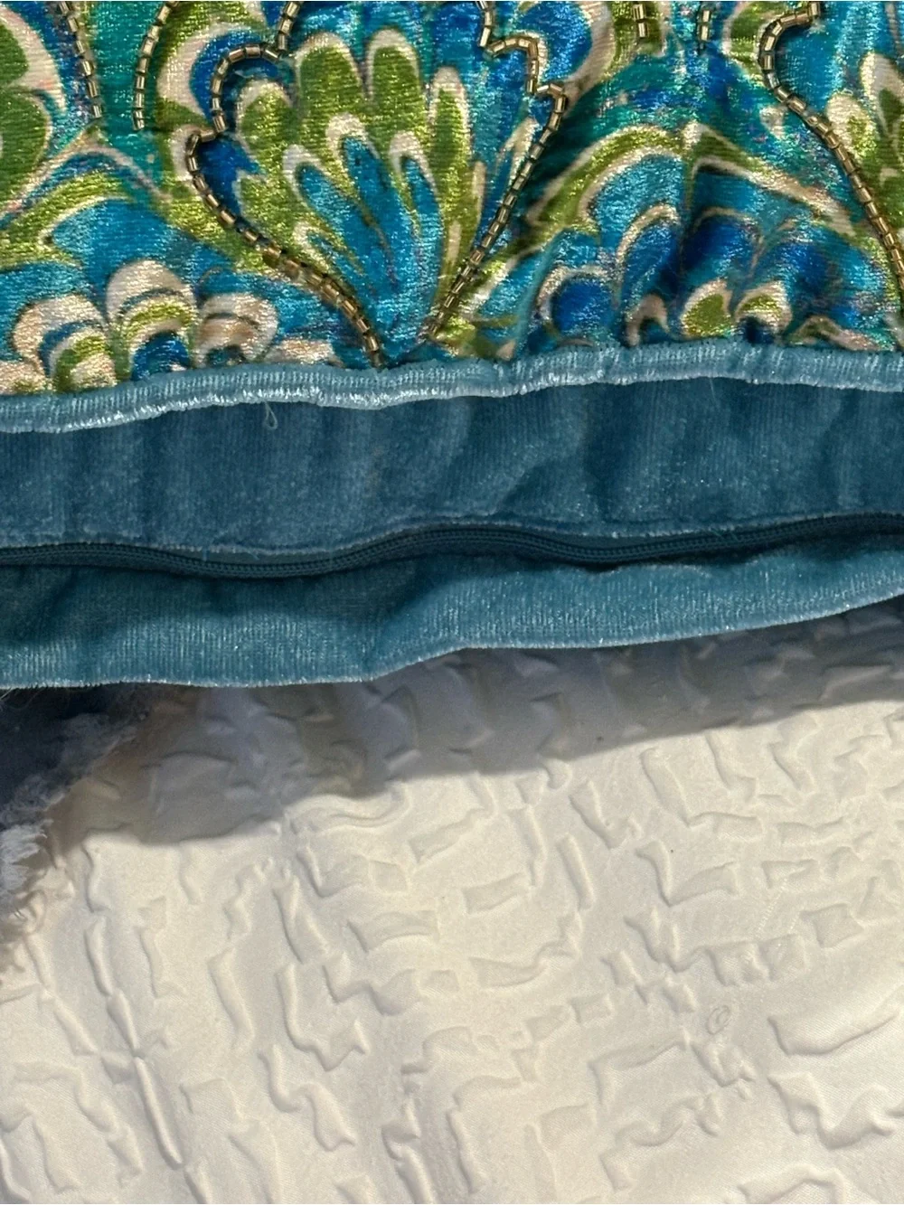 Teal and Blue Peacock Fan Accent Pillow with Gold Details
